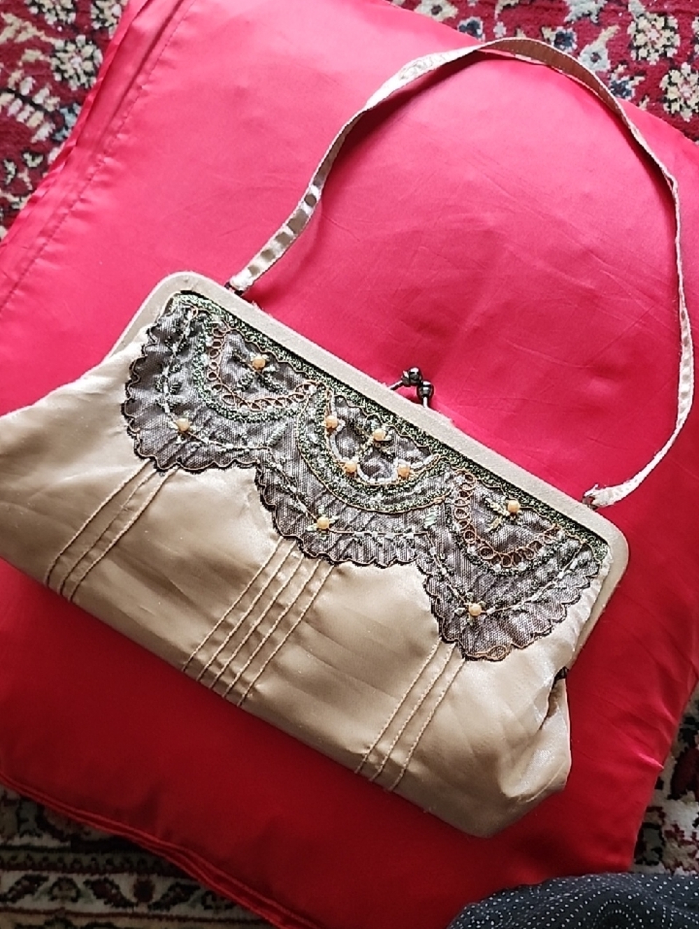 Vintage 1940 Evening Bag Antique Light Peach Pink Satin Lace Beaded 1940s